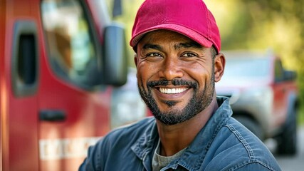 Smiling worker in a red cap enjoying a sunny day at an outdoor worksite while standing next to a truck