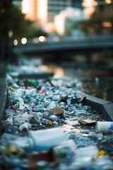 A polluted river surrounded by trash near a bridge, often used for environmental awareness campaigns or as a background image for news articles
