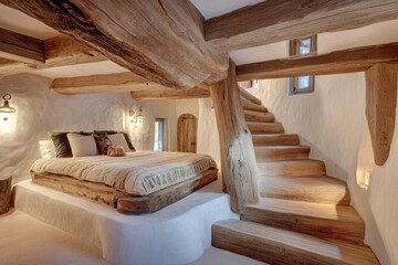 A wooden staircase in a bedroom with a bed situated underneath