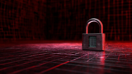 A metallic padlock with a digital display embedded on its surface, set against a background of interconnected data nodes and cyber grids.