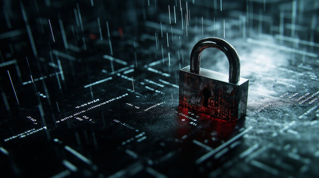 A holographic padlock surrounded by binary code and glowing data streams, emphasizing secure information storage in a high-tech context.