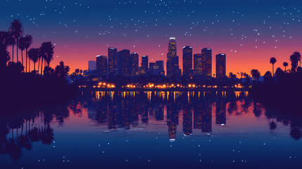 A nighttime view of los angeles skyline with a glimmering starry sky reflected in water. Indigo Horizon. Illustration