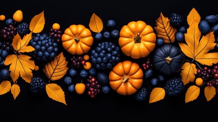 Autumn Bounty Banner: Pumpkins, Leaves, and Berries for Halloween Card Template