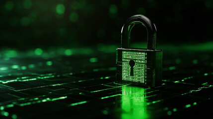 A padlock with glowing matrix-style numbers reflected on its surface, symbolizing the encryption of sensitive data.