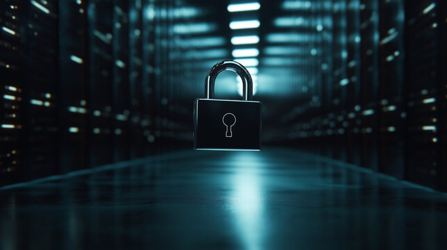 A floating digital padlock in front of a massive wall of virtual servers, highlighting secure storage and cybersecurity infrastructure.