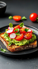 Toasted bread with mashed avocado, topped with cherry tomatoes, radishes, and microgreens, soft natural light and minimalist composition
