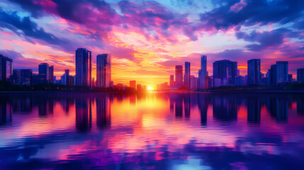 Fototapeta premium A stunning sunset over a city skyline, reflecting vibrant colors on the tranquil river water. Indigo Horizon. Illustration