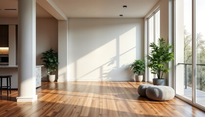 Empty modern room with polished brown hardwood parquet flooring, textured white walls. Sunlight streams through large windows overlooking outdoor space. Plants in pots add touch of green plants.