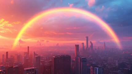 A vibrant rainbow arches over a cityscape at sunset, creating a stunning display of colors. Indigo Horizon. Illustration