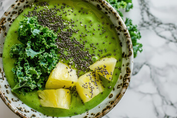 Green Smoothie Bowl with Kale, Pineapple Chunks and Chia Seeds on Marble Background