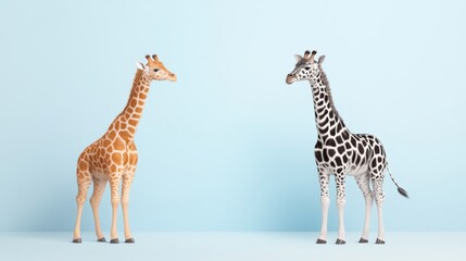 Obraz premium Colorful Giraffes in a Minimalist Setting with Light Blue Background Showcasing Unique Patterns and Designs