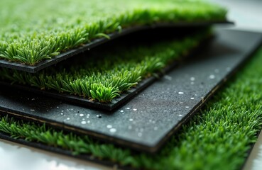 Closeup view of artificial grass samples. Squares of synthetic turf rest on dark backing sheets. Grass appears vibrant green, detailed. Display of artificial turf samples. Potential applications