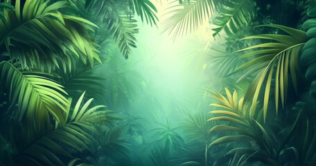 Lush Green Jungle Setting With Vibrant Palm Leaves and Soft Light Filtering Through the Foliage During Early Morning Hours