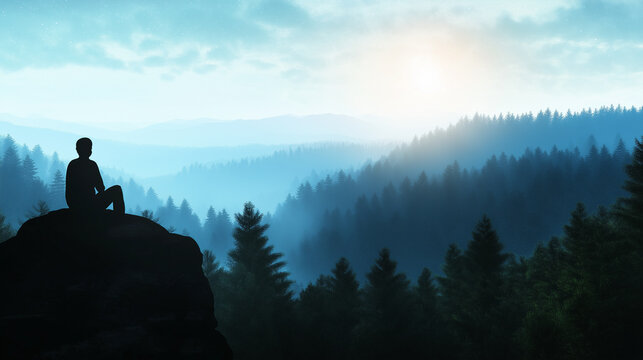 A silhouette of an individual on a rock, looking out at a beautiful forest landscape, symbolizing the clarity and peace found in the journey of sobriety recovery.
