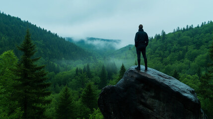 A person standing alone on a rock, looking out at the peaceful forest with a sense of calm, symbolizing introspection and the healing power of nature during sobriety recovery.