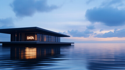 A modern house on water, with a sleek and futuristic design, labeled "data" to represent the innovative concept of data lakehouses combining the flexibility of data lakes with the