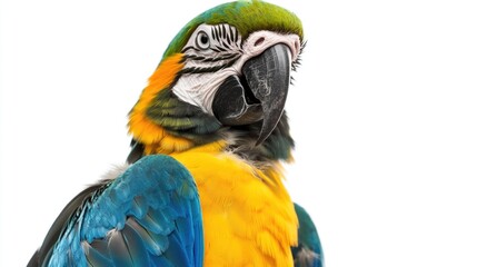 Close-up shot of a colorful parrot on a white background