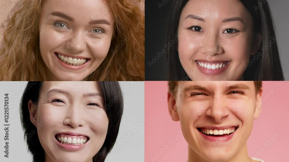 Poster Four individuals with distinct hairstyles and expressions share joyful smiles. Their diverse backgrounds are highlighted in a vibrant and engaging group display.