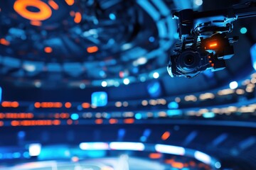 Fototapeta premium A video camera is placed in the middle of a sports stadium, ready to capture live action