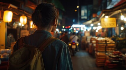 Obraz premium A woman walks alone down a street at night, spotlighted by the city lights