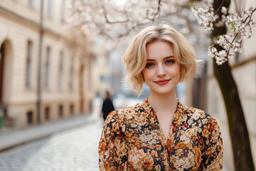 Fototapeta premium A woman in a floral dress is smiling at the camera. She is standing in front of a tree and a building