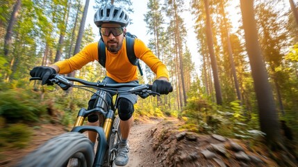 Dynamic Mountain Biker Riding on Forest Trail Surrounded by Nature During Vibrant Autumn Daylight