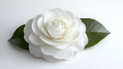 Fototapeta premium Close-up of a pristine white camellia blossom with vibrant green leaves, set against a clean white background.