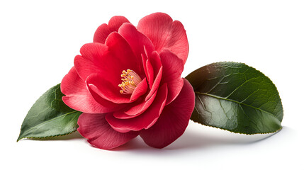 Close-up of a vibrant red camellia blossom with lush green leaves, isolated on a white background.