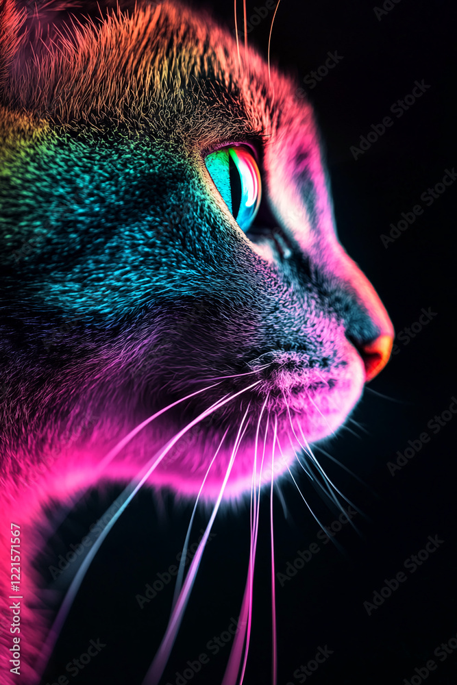 Poster close-up of a catâ€™s face with vibrant neon light reflections highlighting its features.