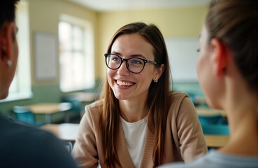 High school counselor talks to student in school office. Friendly discussion about studies career plans. Indoor setting. Smiling faces. Educational support. Positive interaction. Help, guidance.