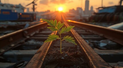 Naklejka premium Resilience: A Tiny Sprout Growing Amidst Rusty Rails at Sunset