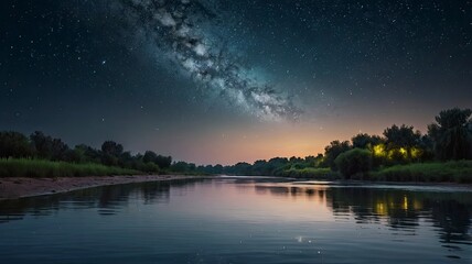 Illustrate a calm river flowing under a starry sky, with a crescent moon reflecting on the water's surface, symbolizing the journey of reflection during Ramadan