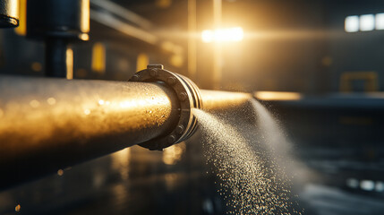 A steel industrial pipe with visible water spray escaping from a poorly sealed gasket, highlighted by focused lighting.