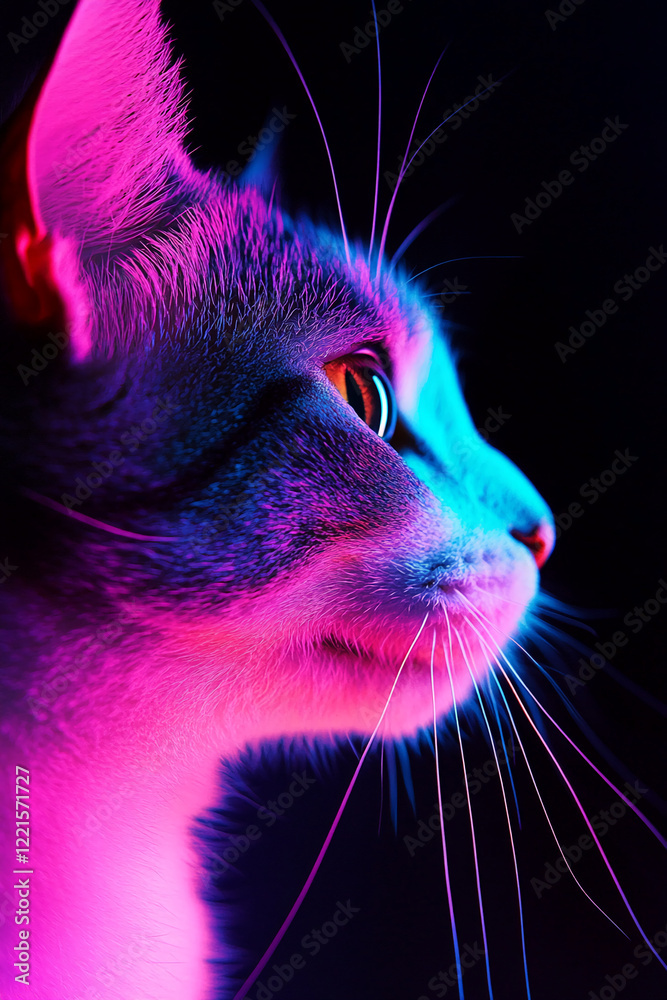 Poster Close-up profile view of a cat's face illuminated with vibrant neon lights highlighting its features.