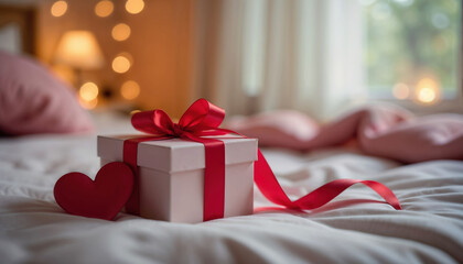 White box with a red ribbon and a heart on top of it. The box is placed on a bed
