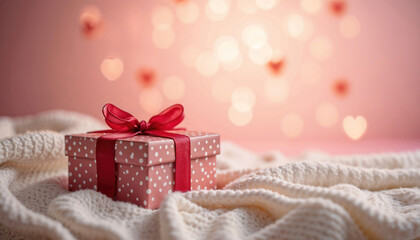 Red box with a red ribbon sits on a white blanket. The box is decorated with polka dots and the ribbon is red. The scene is set against a pink background, giving it a festive and joyful atmosphere