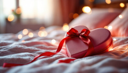 Red heart with a red ribbon is on a bed. The bed is covered in white sheets and pillows. The heart is placed on the bed in the center, surrounded by the pillows