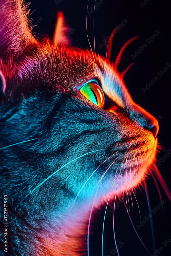 Poster Close-up profile view of a cat's face illuminated by neon lights creating a vibrant and colorful effect.