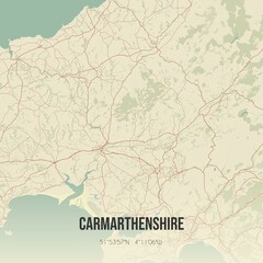 Fototapeta premium Retro UK map of Carmarthenshire. Vintage street map.