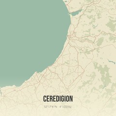 Retro UK map of Ceredigion. Vintage street map.