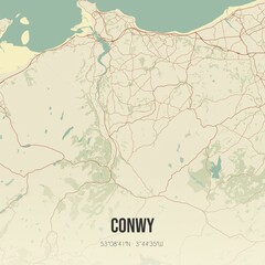 Retro UK map of Conwy. Vintage street map.