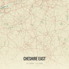 Retro UK map of Cheshire East. Vintage street map.