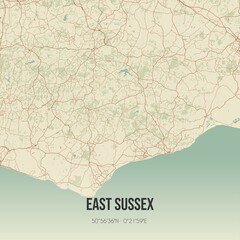 Retro UK map of East Sussex. Vintage street map.