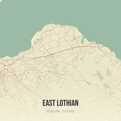 Retro UK map of East Lothian. Vintage street map.