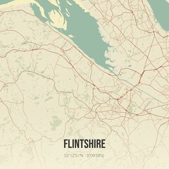 Retro UK map of Flintshire. Vintage street map.