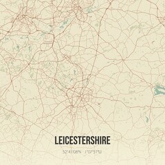 Retro UK map of Leicestershire. Vintage street map.