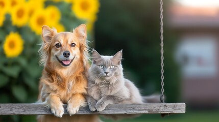 Dog and cat on swing, sunflowers background, summer pet friendship