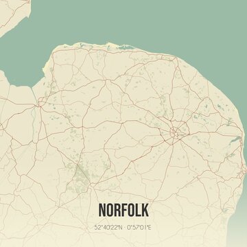 Retro UK map of Norfolk. Vintage street map.