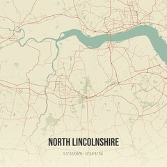 Retro UK map of North Lincolnshire. Vintage street map.