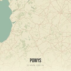 Fototapeta premium Retro UK map of Powys. Vintage street map.